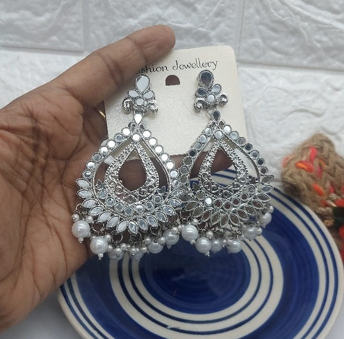 Exquisite Silver Oxidized Chandbali Earrings with Pearls