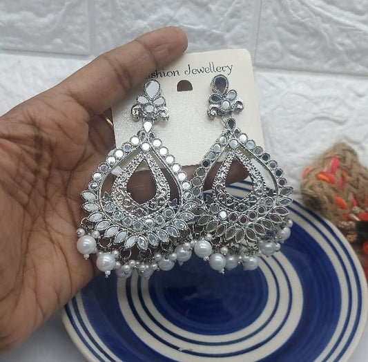 Exquisite Silver Oxidized Chandbali Earrings with Pearls