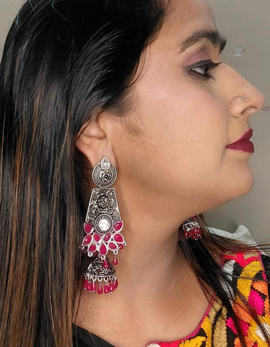 Elegant Oxidized Silver and Red Stone Dangling Earrings