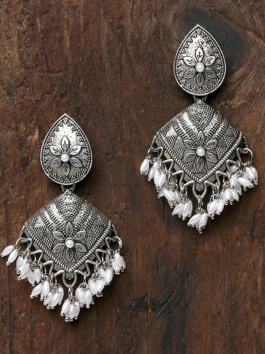 Oxidized Silver Pearls Floral Ethnic Drop Earrings
