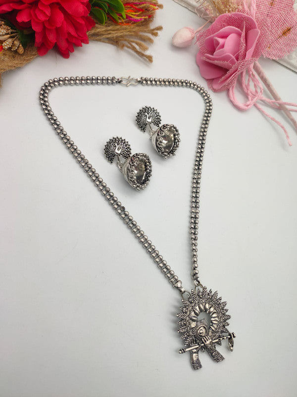 Krishna Flute Pendant Necklace and Peacock Drop Earrings Set
