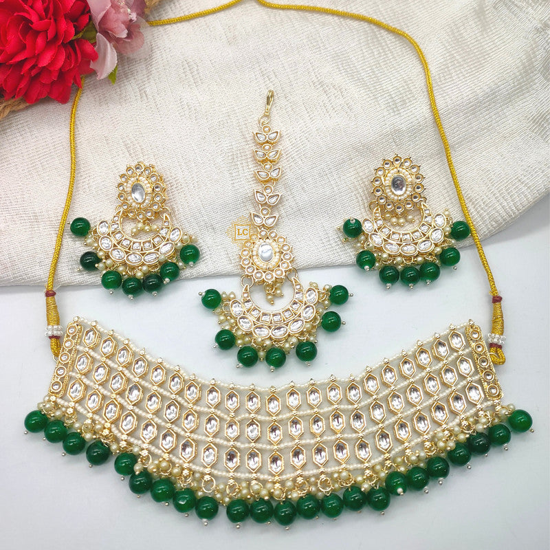 Kundan Beads Gold Plated Choker Necklace Set with Earrings and Maangtikka.