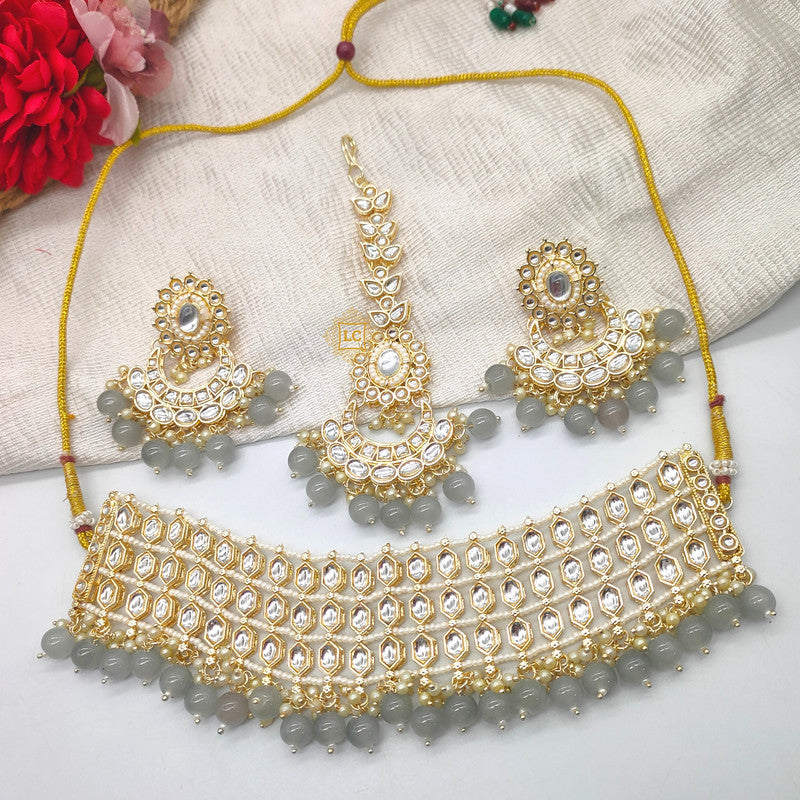 Kundan Beads Gold Plated Choker Necklace Set with Earrings and Maangtikka.
