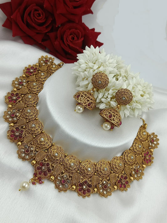 Artificial Gold Plated Brass Choker Necklace Set For Girls and Women