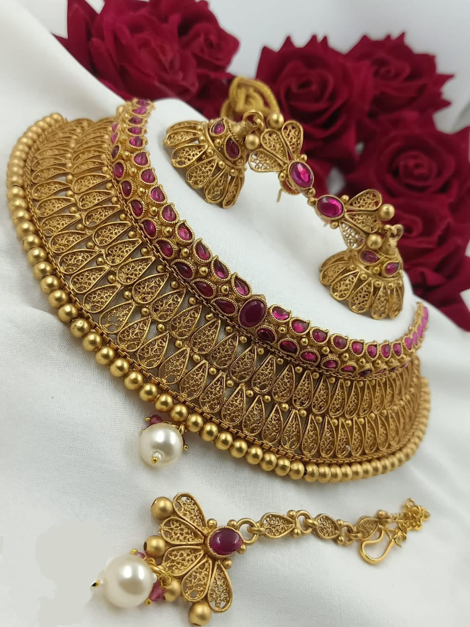 Artificial Gold Plated Wedding Choker Necklace Set For Women