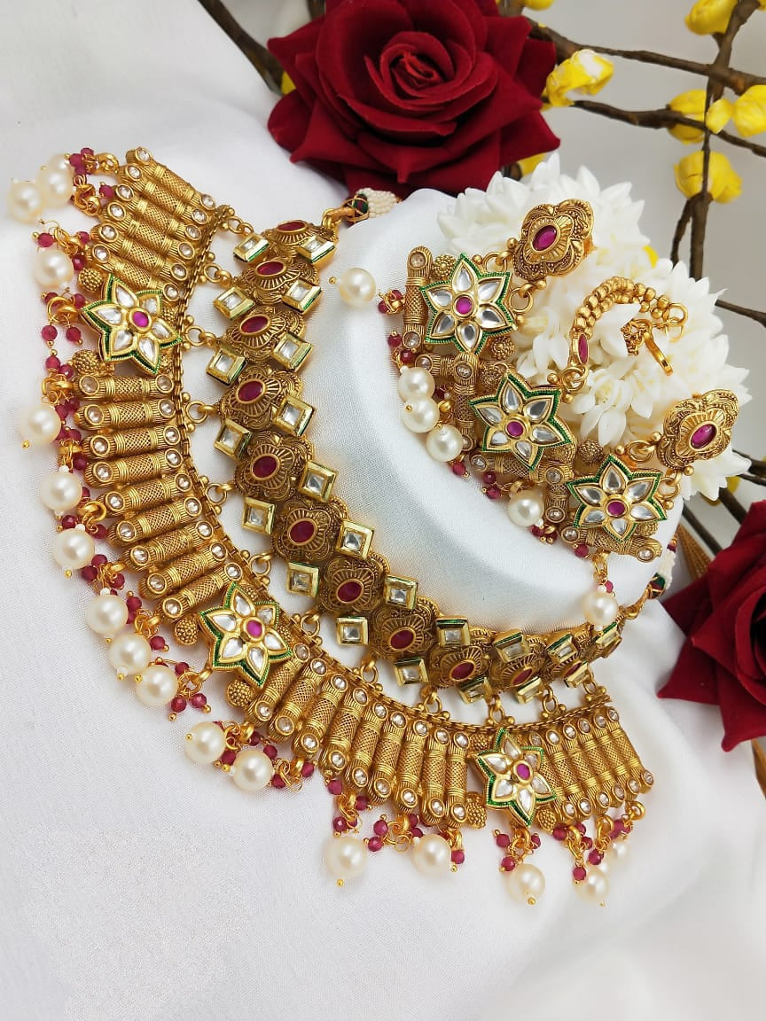 Handcrafted Choker Gold Plated Wedding Necklace Set For Girls and Women