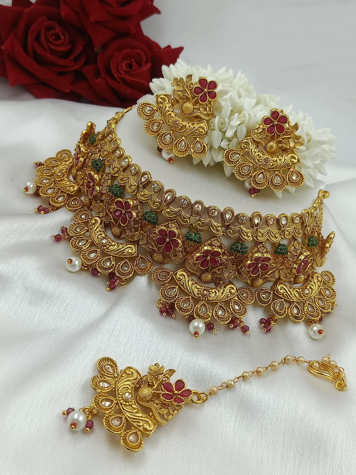 Traditional Maharashtrian Pearl Gold Plated Wedding Choker Jewellery Set