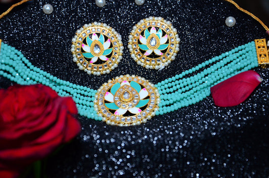 Meenakari & Beads Choker Necklace Set with Earrings