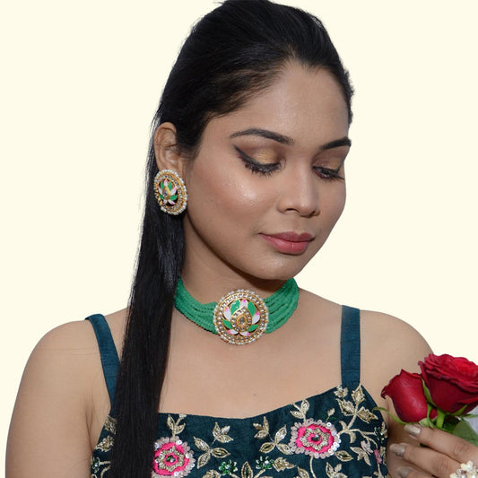 Meenakari & Beads Choker Necklace Set with Earrings