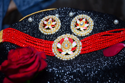 Meenakari & Beads Choker Necklace Set with Earrings