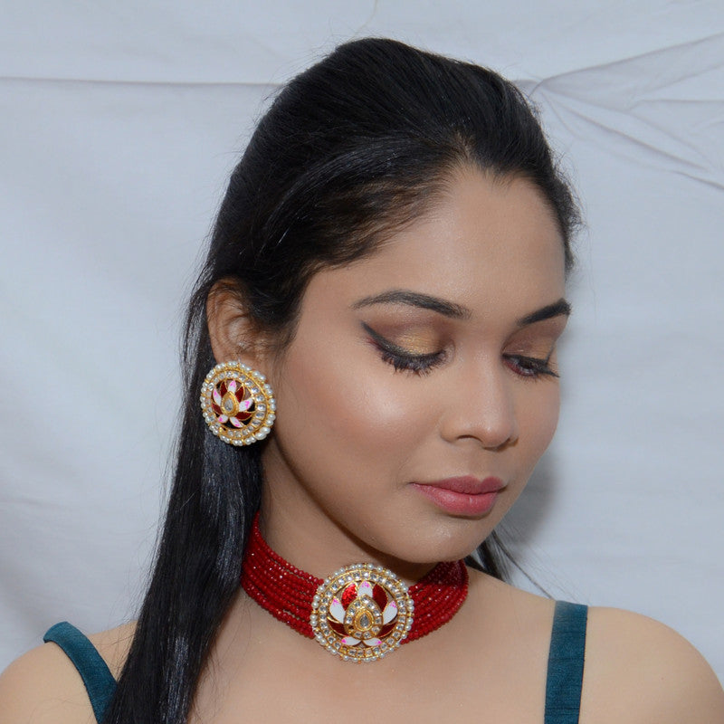 Meenakari & Beads Choker Necklace Set with Earrings