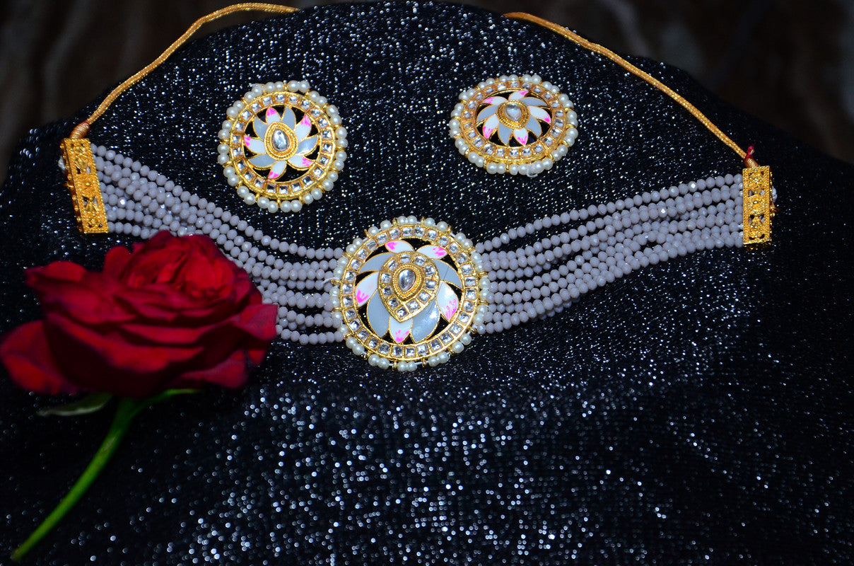 Meenakari & Beads Choker Necklace Set with Earrings