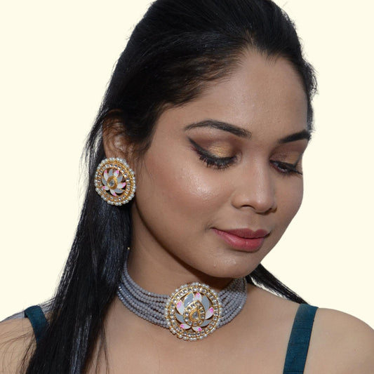 Meenakari & Beads Choker Necklace Set with Earrings