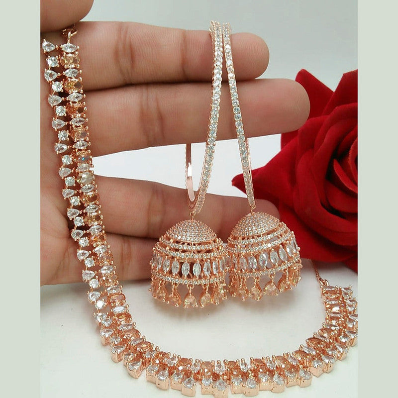 American Diamond Rose Gold Jewellery Set With Earrings with Maangtikka