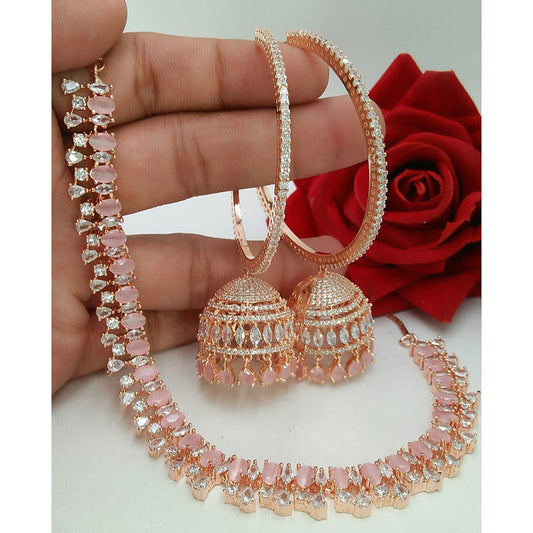 American Diamond Rose Gold Jewellery Set With Earrings with Maangtikka