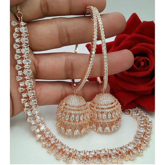 American Diamond Rose Gold Jewellery Set With Earrings with Maangtikka