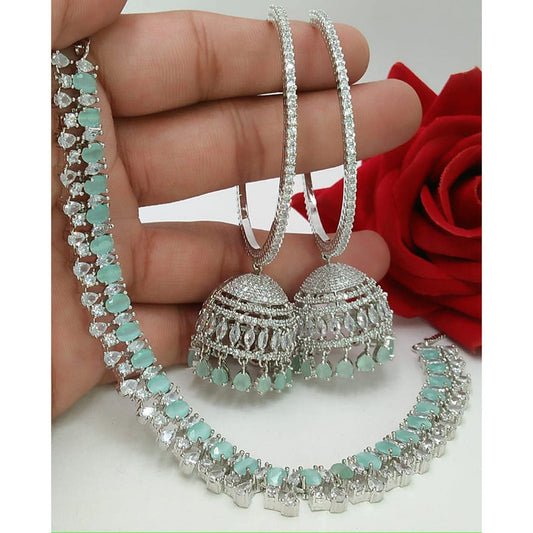 American Diamond Silver Jewellery Set With Earrings and Maangtikka.