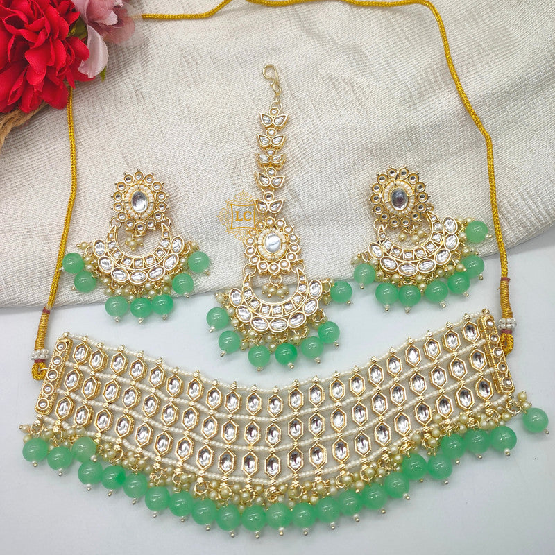 Kundan Beads Gold Plated Choker Necklace Set with Earrings and Maangtikka.