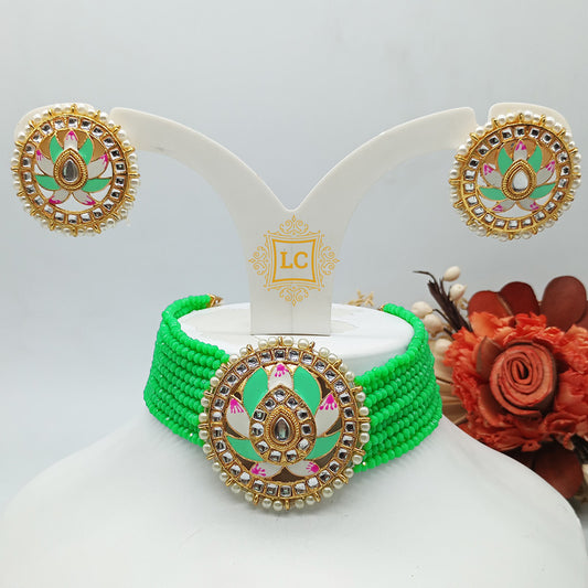 Meenakari & Beads Choker Necklace Set with Earrings