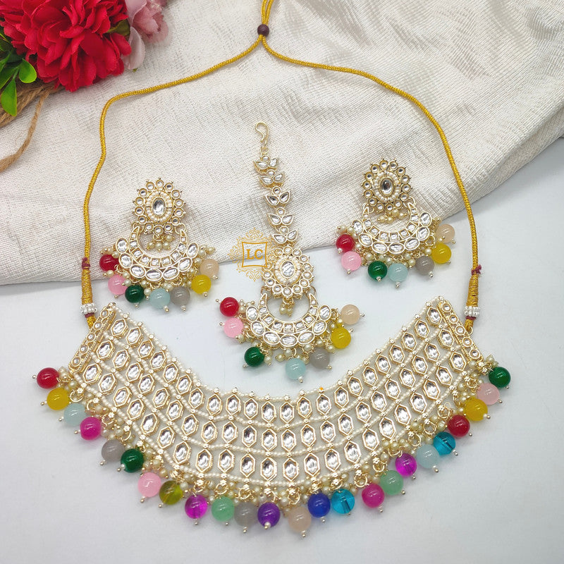 Kundan Beads Gold Plated Choker Necklace Set with Earrings and Maangtikka.