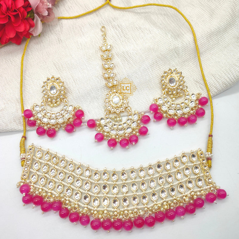 Kundan Beads Gold Plated Choker Necklace Set with Earrings and Maangtikka.