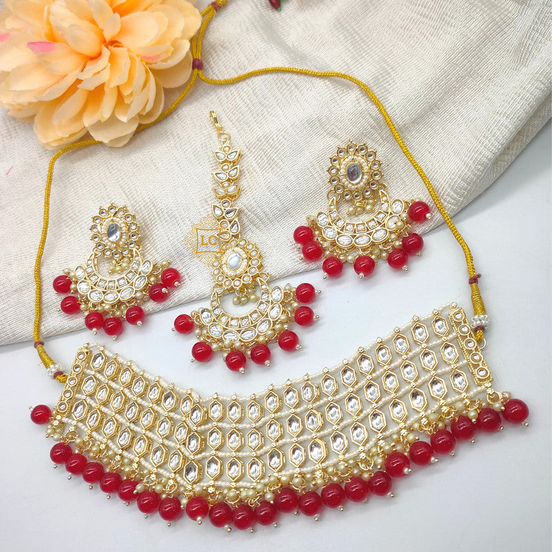 Kundan Beads Gold Plated Choker Necklace Set with Earrings and Maangtikka.