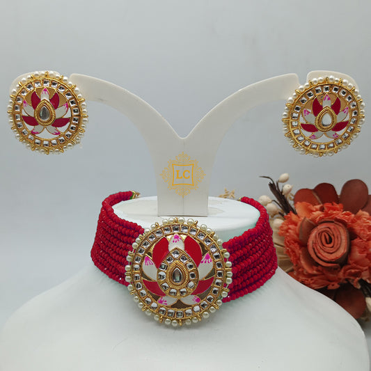 Meenakari & Beads Choker Necklace Set with Earrings