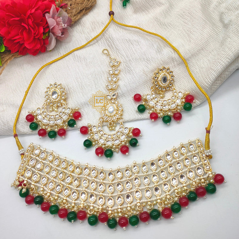 Kundan Beads Gold Plated Choker Necklace Set with Earrings and Maangtikka.