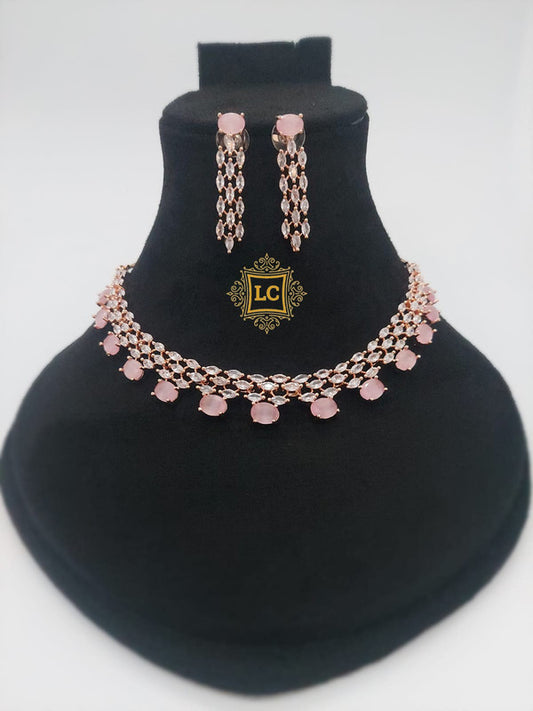 American Diamond Rose Gold Jewellery Set With Earrings.
