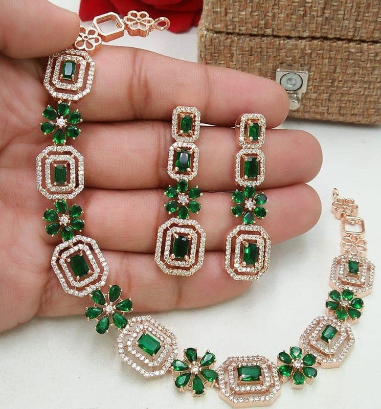 American Diamond Rose Gold Jewellery Set With Earrings.