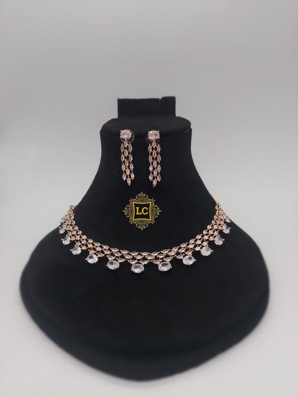 American Diamond Rose Gold Jewellery Set With Earrings.