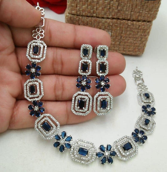American Diamond Silver Jewellery Set With Earrings.