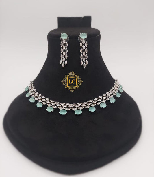 American Diamond Silver Jewellery Set With Earrings.