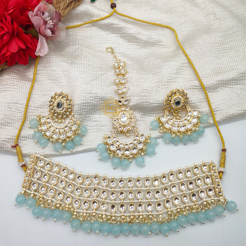 Kundan Beads Gold Plated Choker Necklace Set with Earrings and Maangtikka.