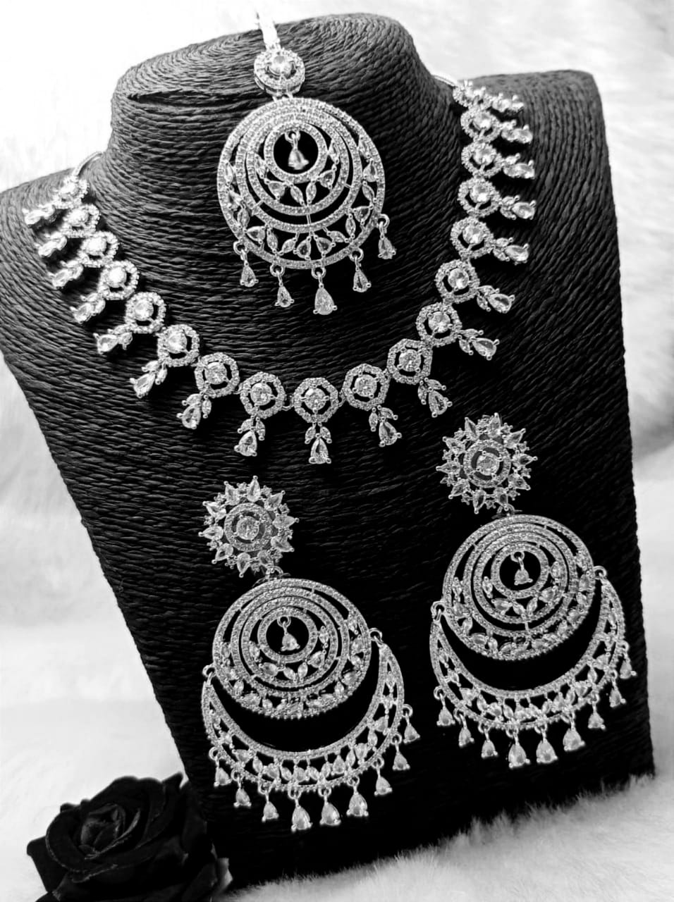 Silver Plated Australian Diamond Necklace Earring with Maangtikka Jewellery Set For Women & Girls-SILVER