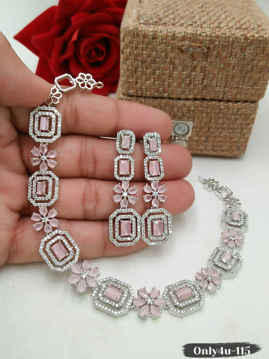 Gold Plated Handcrafted Austrian Diamond Floral Design Necklace Set With Earring Jewellery For Women and Girls-Blush