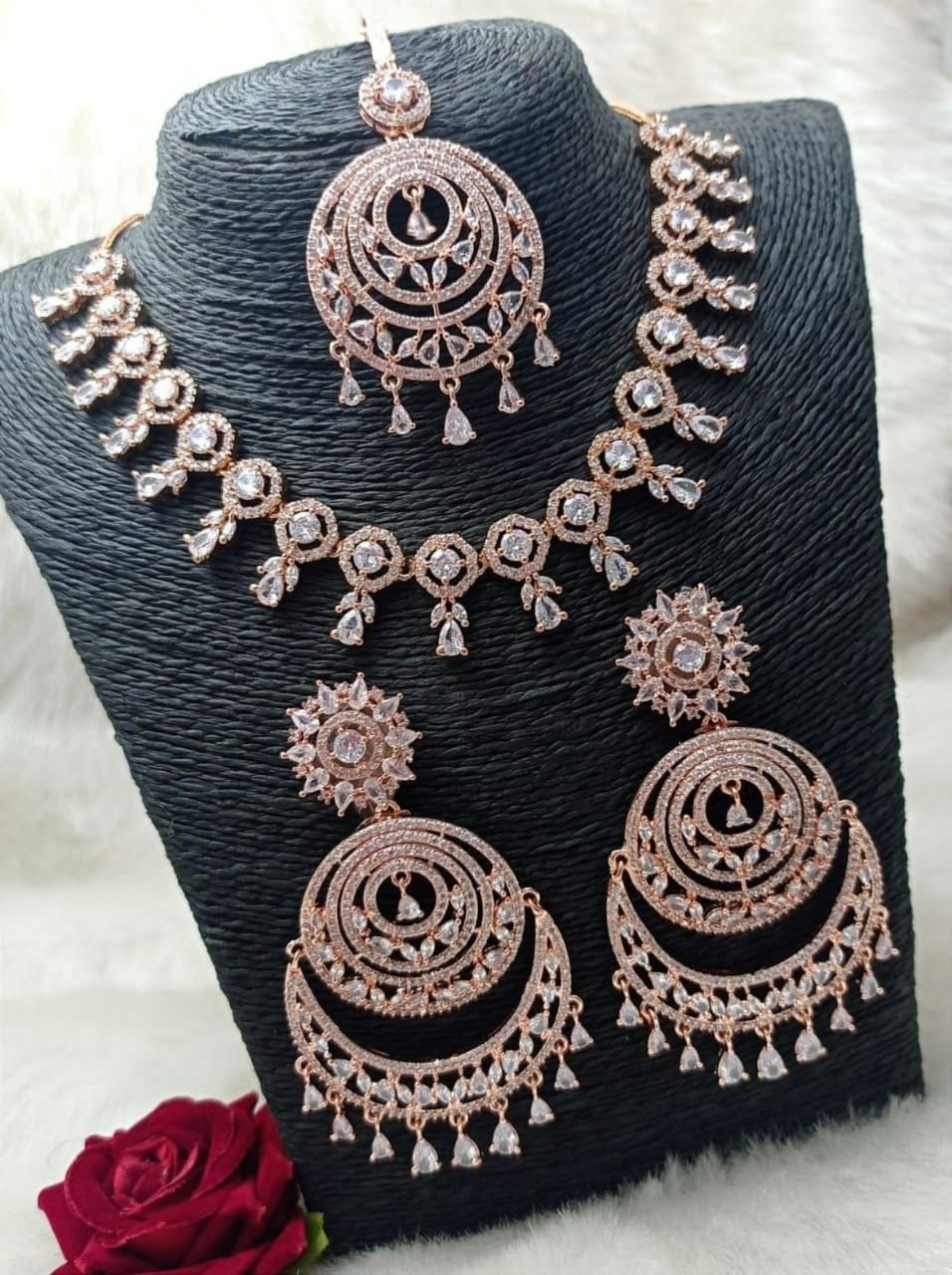 Silver Plated Australian Diamond Necklace Earring with Maangtikka Jewellery Set For Women & Girls-Coral