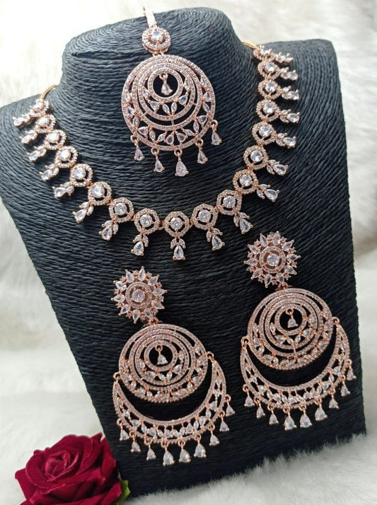 Silver Plated Australian Diamond Necklace Earring with Maangtikka Jewellery Set For Women & Girls-Coral