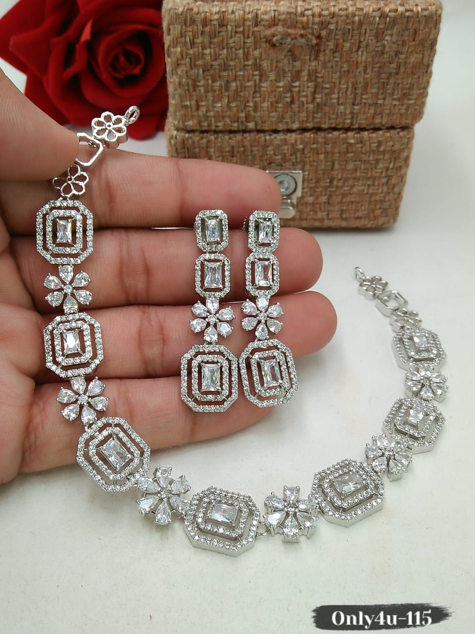 Gold Plated Handcrafted Austrian Diamond Floral Design Necklace Set With Earring Jewellery For Women and Girls-Silver