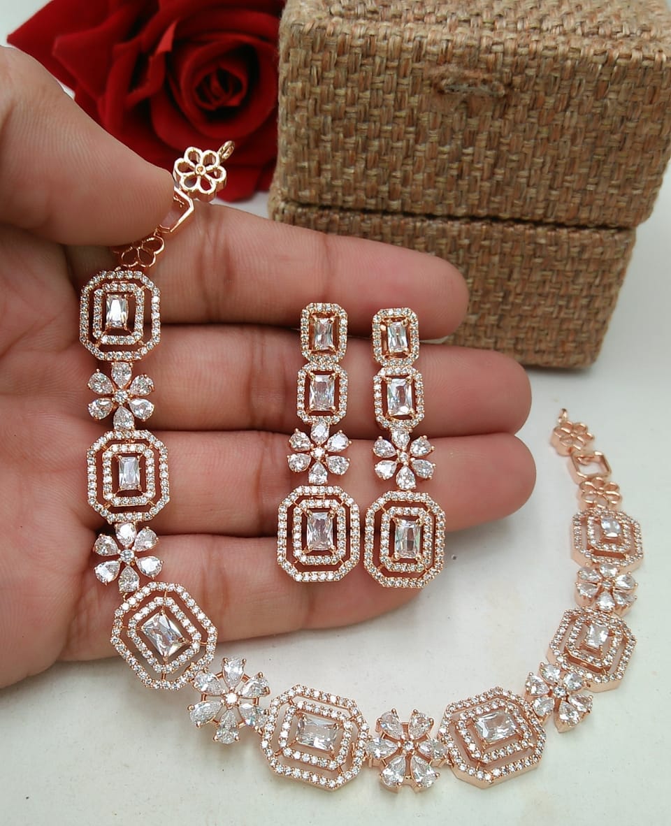 Gold Plated Handcrafted Austrian Diamond Floral Design Necklace Set With Earring Jewellery For Women and Girls-Peach