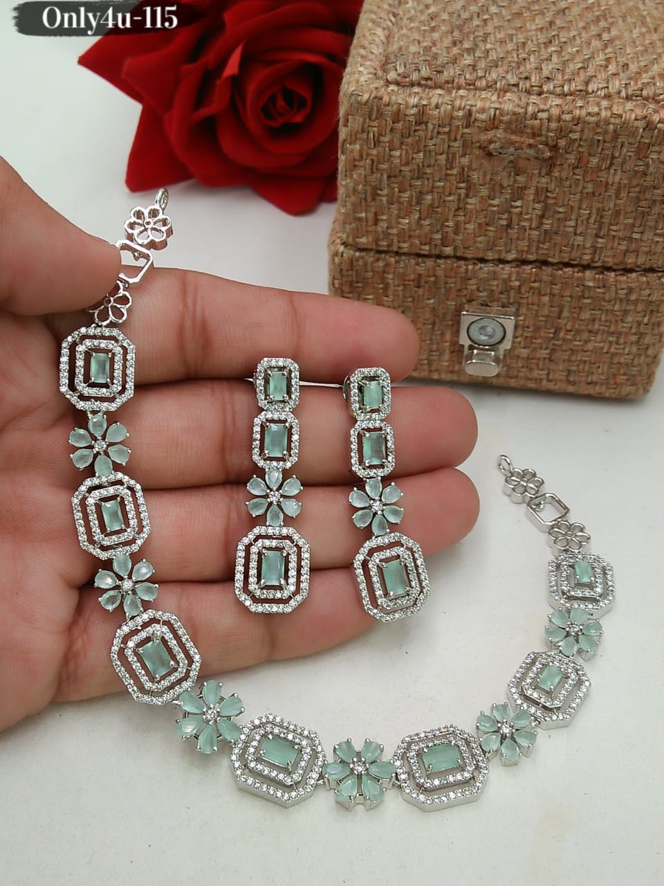 Gold Plated Handcrafted Austrian Diamond Floral Design Necklace Set With Earring Jewellery For Women and Girls-Light Blue+Silver