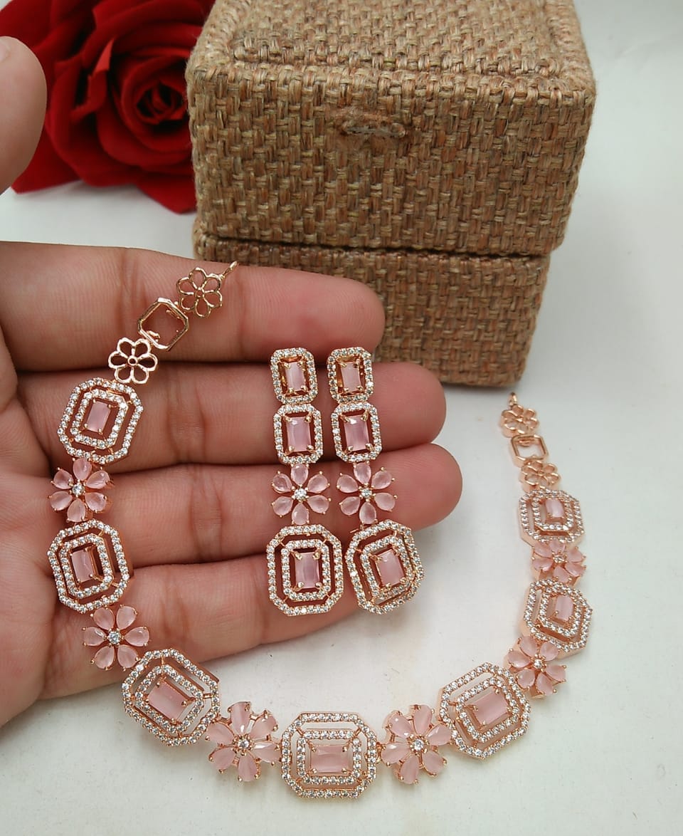 Gold Plated Handcrafted Austrian Diamond Floral Design Necklace Set With Earring Jewellery For Women and Girls-Coral