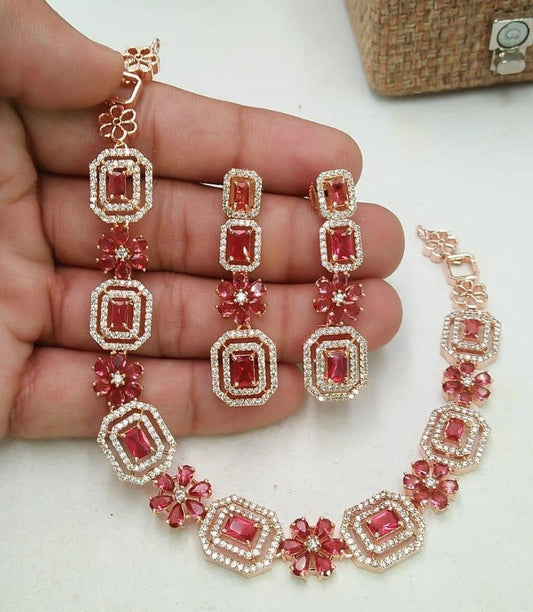 Gold Plated Handcrafted Austrian Diamond Floral Design Necklace Set With Earring Jewellery For Women and Girls-Brown+Gold