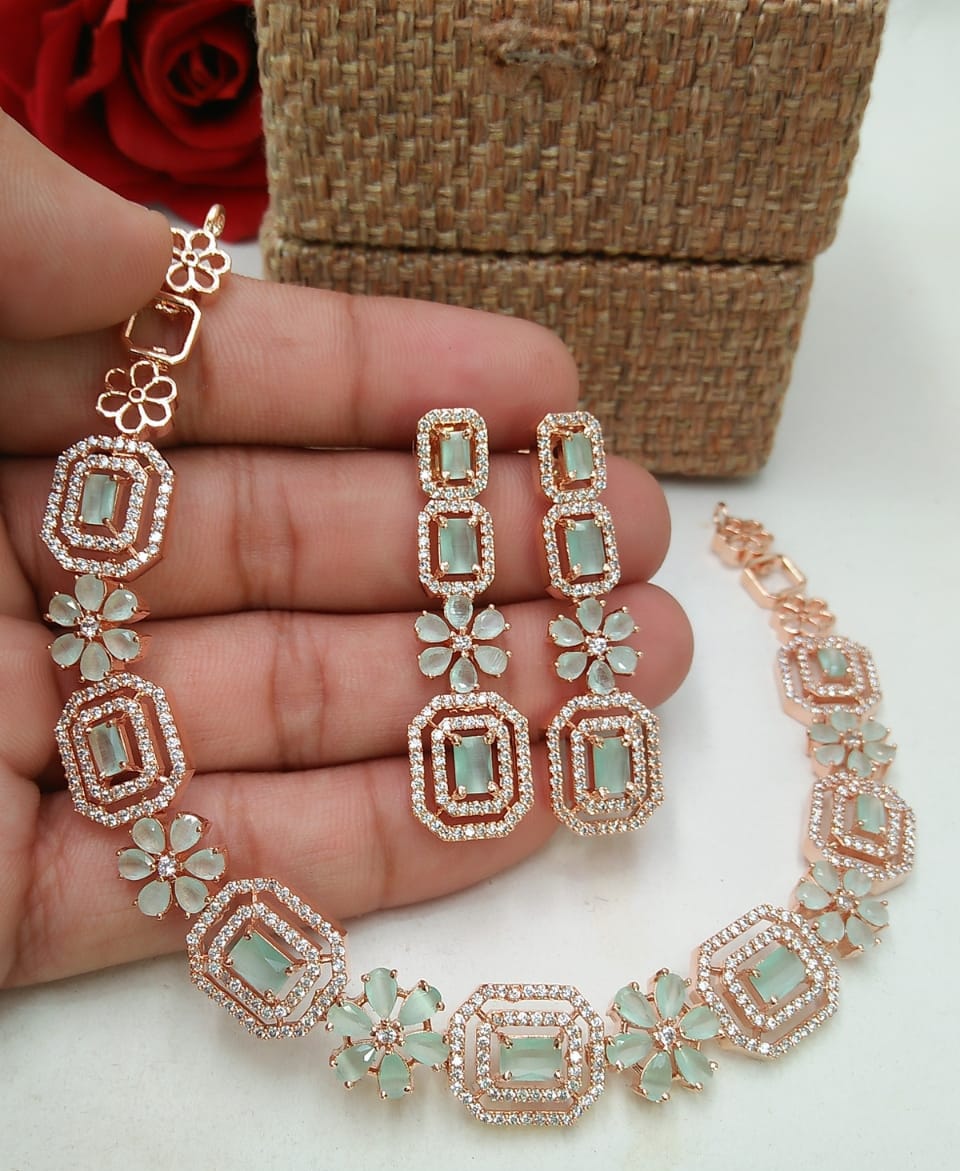 Gold Plated Handcrafted Austrian Diamond Floral Design Necklace Set With Earring Jewellery For Women and Girls-Light Blue+Gold