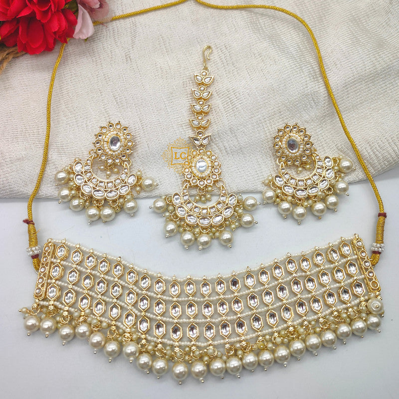 Kundan Beads Gold Plated Choker Necklace Set with Earrings and Maangtikka.