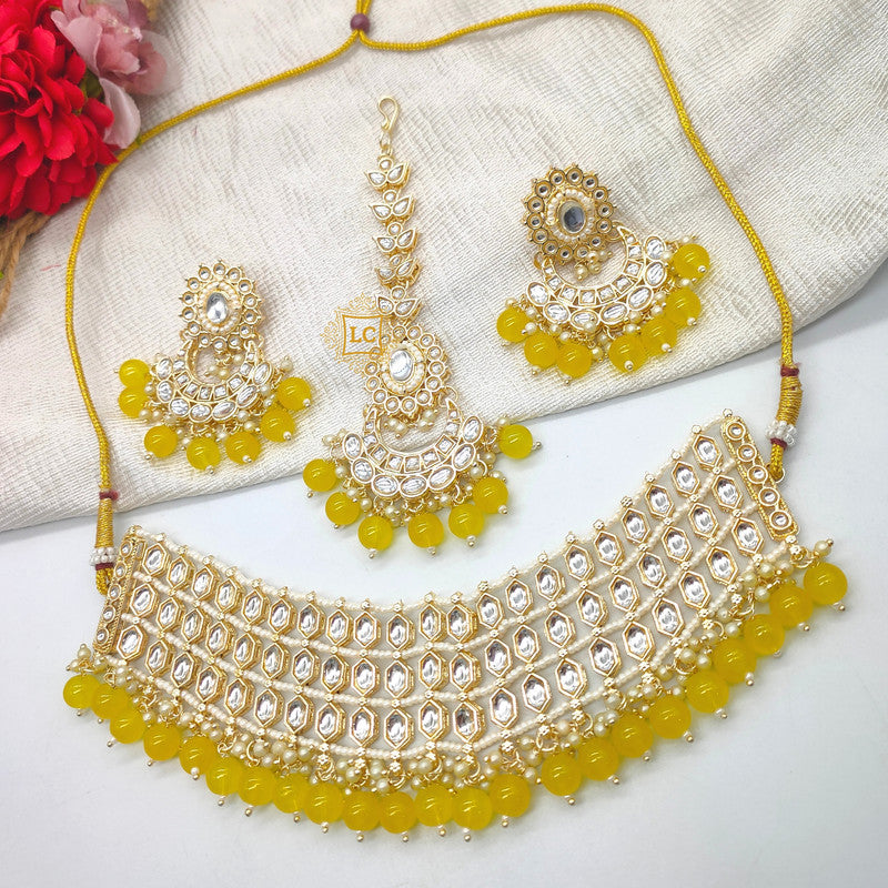 Kundan Beads Gold Plated Choker Necklace Set with Earrings and Maangtikka.