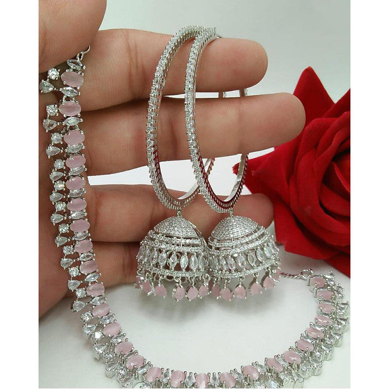 American Diamond Silver Jewellery Set With Earrings and Maangtikka.