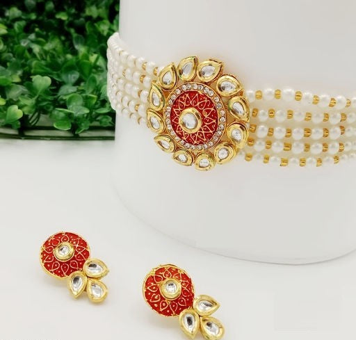 Elegant Kundan & Pearls Choker Necklace Set with Matching Earrings