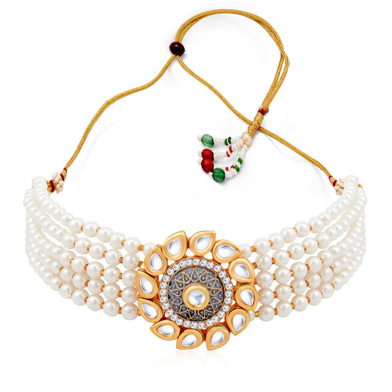 Elegant Kundan & Pearls Choker Necklace Set with Matching Earrings