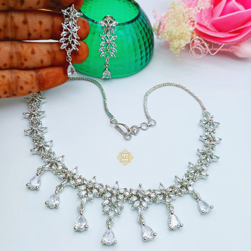 Silver Plated Cubic Zirconia & American Diamond Jewellery Set With Earrings.